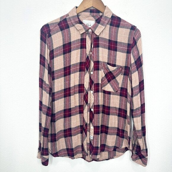 Rails Women's Size Medium Rayon Brown Maroon Plaid Button Up Shirt Casual Soft - Picture 1 of 6